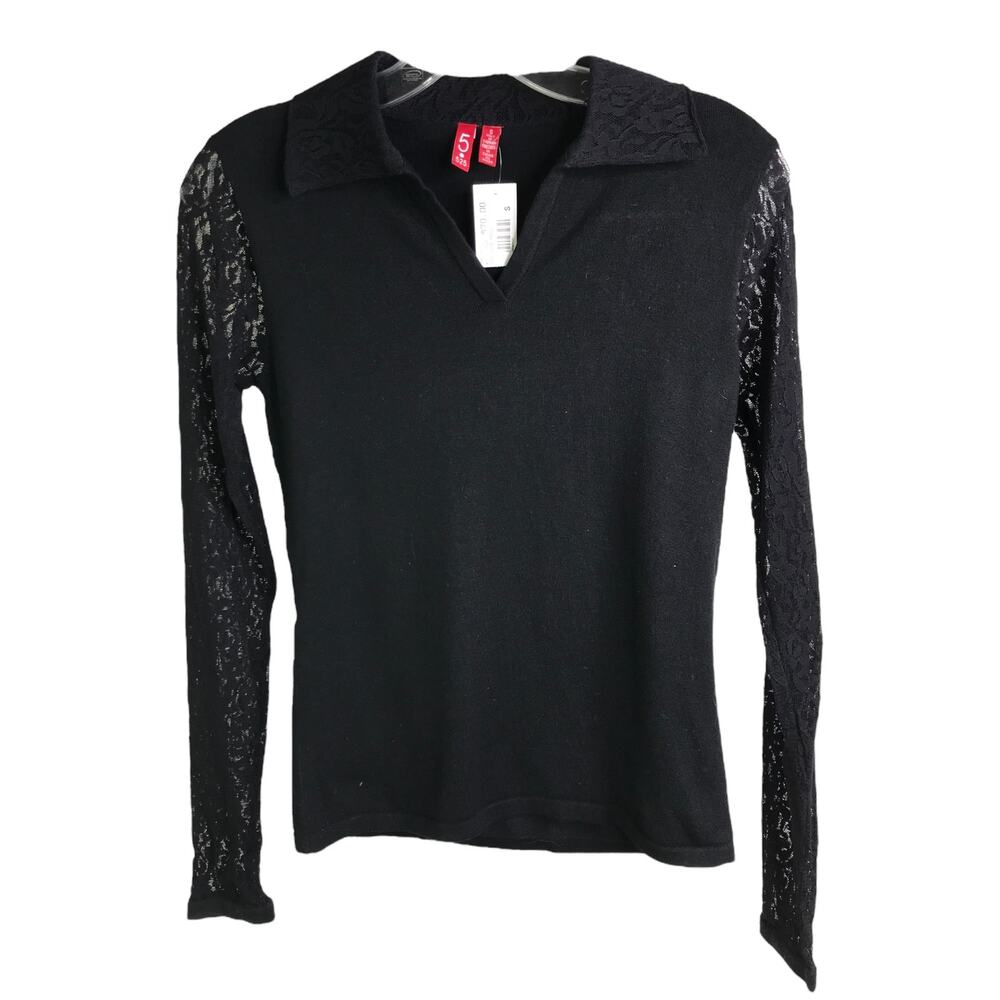 525 America Womens Black Lace Sleeve Polo Knit V-Neck Top W1182-BLK Size S NWT‎